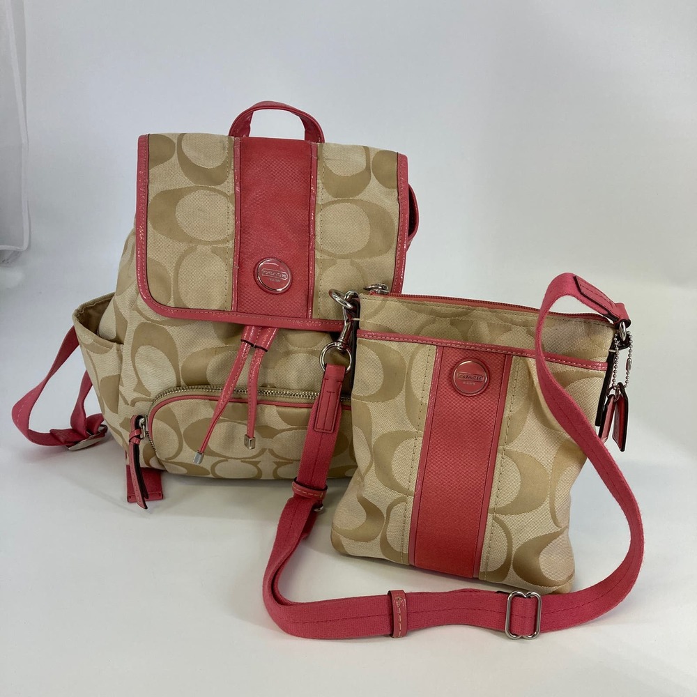 Coach tan signature print backpack and crossbody purse set